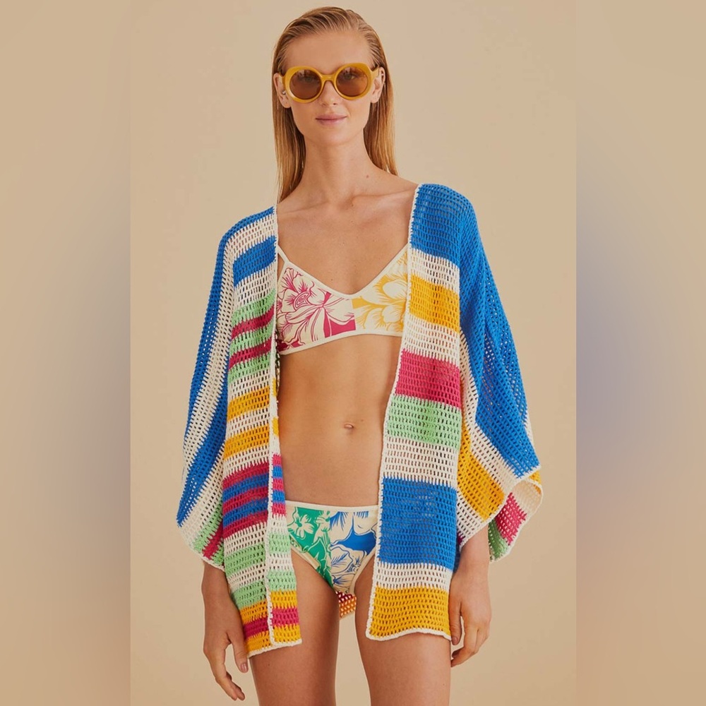 Farm Rio Anthropologie MIXED STRIPES CROCHET KIMONO Women Size Medium NEW